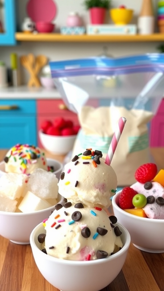Homemade ice cream in bowls with toppings, next to bags of ice and salt.